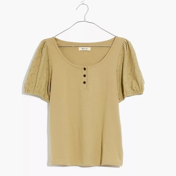 Madewell Olive Green Eyelet Sleeve Henley Short Sleeve Top Size Extra Small NWT - Picture 15 of 15